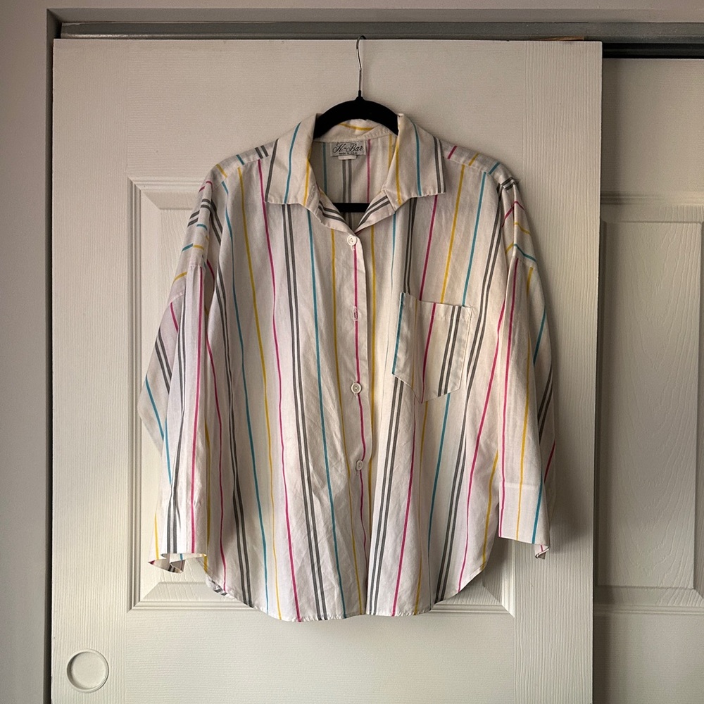 Women’s Large White Multi-Color Stripe Button-Up Shirt